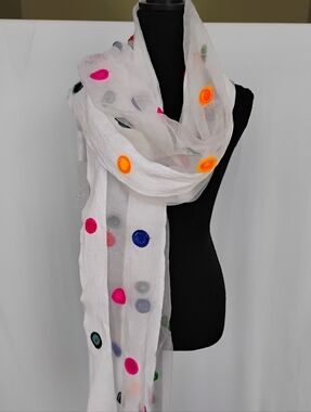 White Sheer Organza Scarf/ Dupatta with Multicolor Dot Embroidery